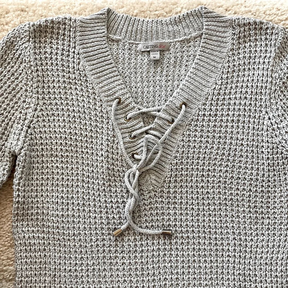 Grey Tie Front Knit Sweater - Picture 3 of 6